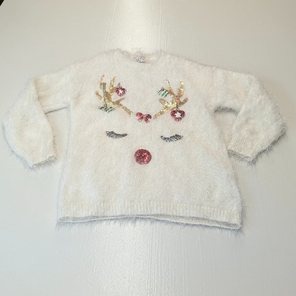 Poof Girl Size Large *10-12 Winter White Christmas Sweater Rudolph